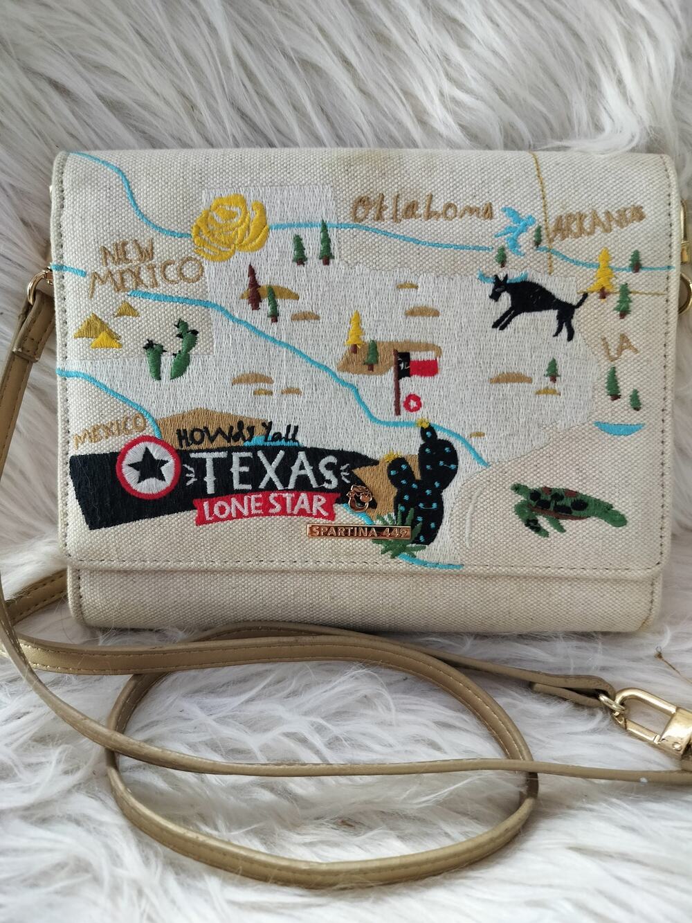 6050) Spartina 449 Linen Canvas Map of Texas Embroidery Western Crossbody Bag